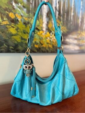 B. Makowsky Buttery Soft Turquoise Leather Dumpling Bag | Slouchy | Gold | Y2K 🤩